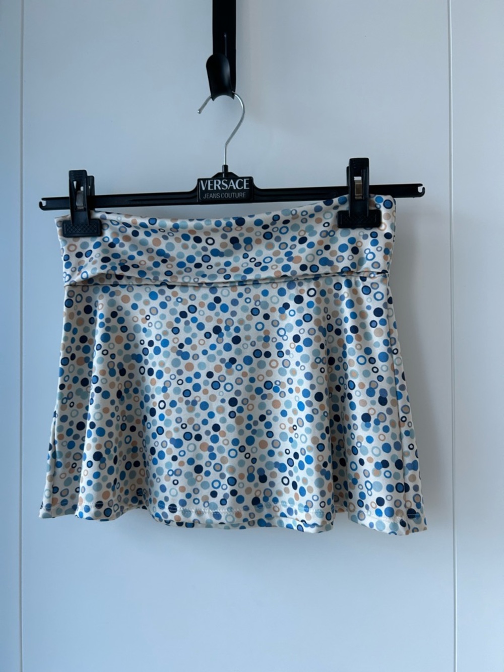 BCBG to the Max:  Cream Skirt with Blue Polka Dot Print